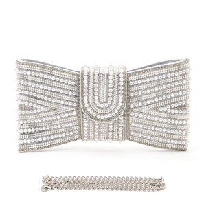 NWT Brand New Pearl Studs Metallic Bow Tie Clutch Handle Bag- SILVER
